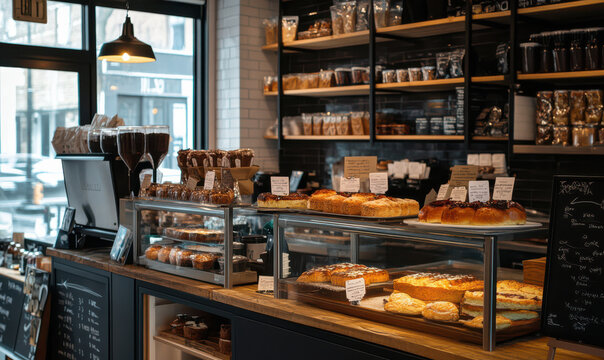 Warm inviting coffee shop pastries display counter shelves bakery cafe coffee sweets food delicious aroma wood industrial interior shop small business storefront window city urban modern rustic cozy