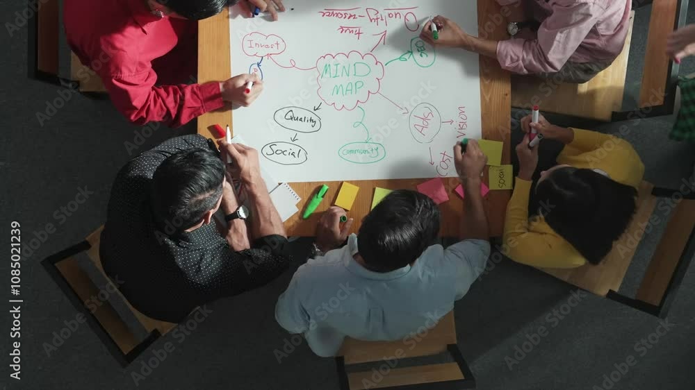 Poster top down view of business team working together by using mind map brainstorming idea and sharing mar