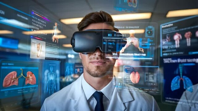 A doctor using virtual reality technology for medical training and visualization.