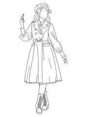 Classic black-and-white artwork depicting a young woman in vintage clothing. A nostalgic, retro-style illustration, ideal for historical, fashion, or artistic themes.