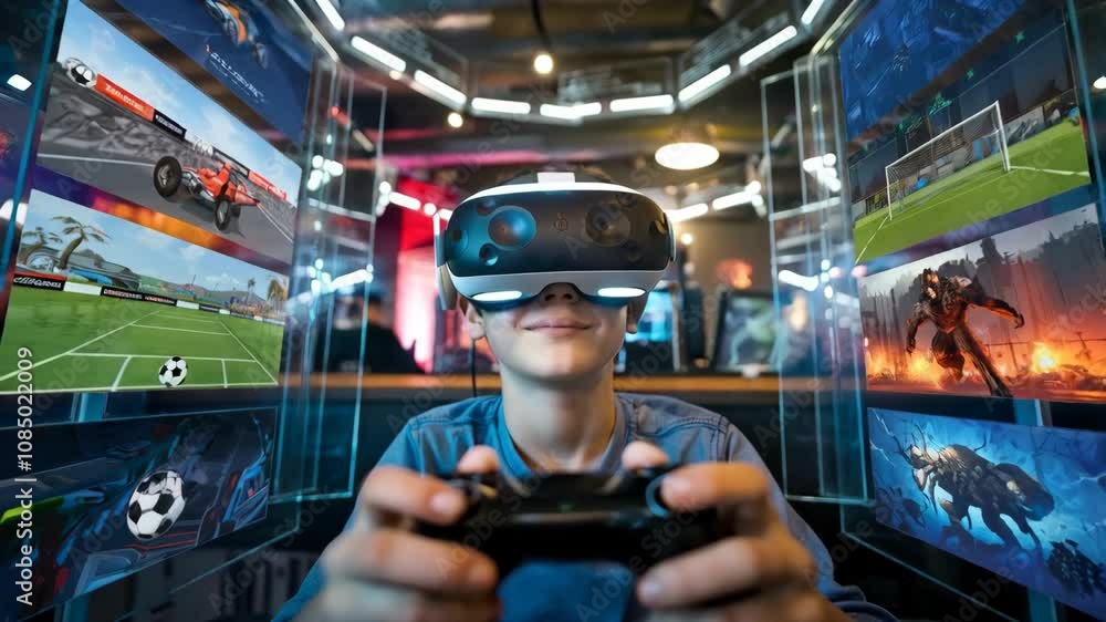 Aufkleber a child enjoying virtual reality gaming with a controller and immersive displays.