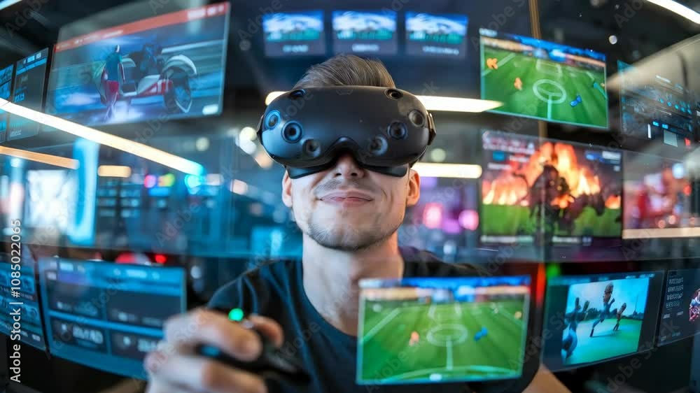 Poster a person wearing a vr headset interacts with multiple screens showing various games and stats.
