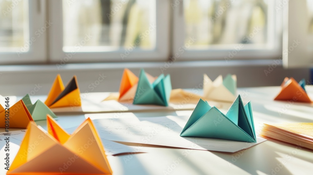Poster a serene origami workspace with colorful paper and folding instructions neatly arranged on a clean t