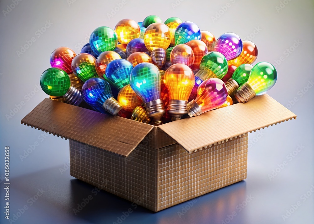 Poster Creative Pixel Art Cardboard Box with Light Bulb Symbolizing Ideas and Innovation for 8-Bit Game Design on White Background