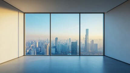 Fototapeta premium Interior view of an empty room in a skyscraper, showcasing the cityscape during the day. The skyline view from a high-rise window offers a gorgeous property with a stunning view.