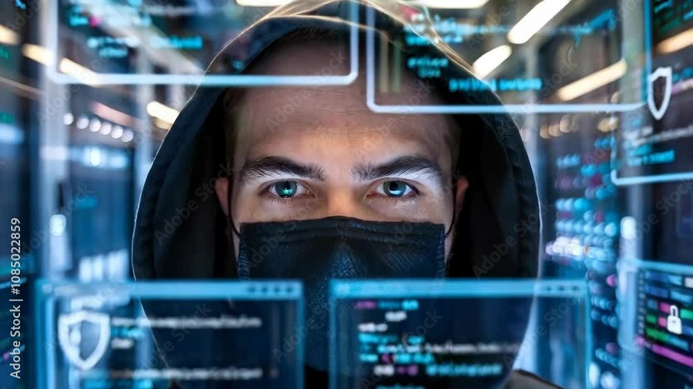 Poster a masked figure in a hoodie stands before digital screens displaying code and data.