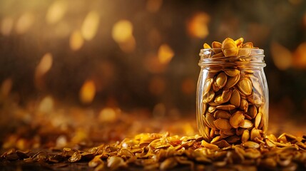 Golden roasted pumpkin seeds in a small glass jar, isolated on a warm, earthy backdrop with rustic...