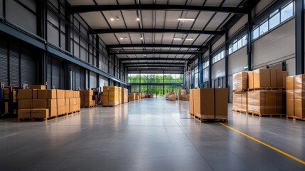 Modern Warehouse Interior with Cardboard Boxes