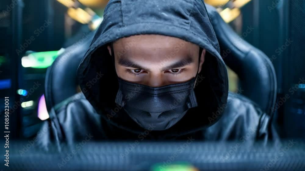 Poster a masked individual focused on a computer screen in a dimly lit room.