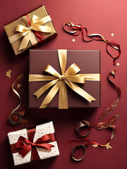 Elegant Red and Gold Holiday Gift Box Arrangement with Festive Wrapping and Ribbons