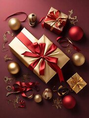 Elegant Red and Gold Holiday Gift Box Arrangement with Festive Wrapping and Ribbons