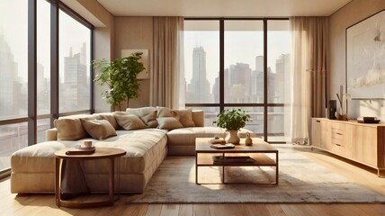 A cozy living room with large windows overlooking a city skyline.	
