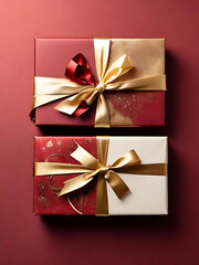 Elegant Red and Gold Holiday Gift Box Arrangement with Festive Wrapping and Ribbons