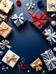 Festive Gift Box Arrangement with Red, Blue, and Silver Accents for New Year