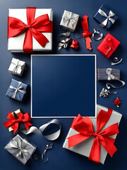Festive Gift Box Arrangement with Red, Blue, and Silver Accents for New Year