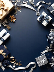 Festive Gift Box Arrangement with Red, Blue, and Silver Accents for New Year