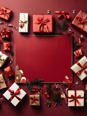 Elegant Red and Gold Holiday Gift Box Arrangement with Festive Wrapping and Ribbons
