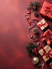 Elegant Red and Gold Holiday Gift Box Arrangement with Festive Wrapping and Ribbons