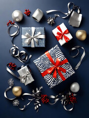 Festive Gift Box Arrangement with Red, Blue, and Silver Accents for New Year