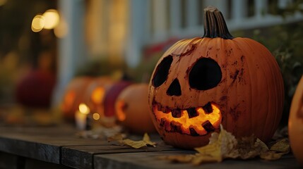 Eerie and Spooky Halloween Pumpkins with Unique Carvings Set Against a Warm Autumn Background, Perfect for Seasonal Decorations and Festivities