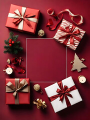 Elegant Red and Gold Holiday Gift Box Arrangement with Festive Wrapping and Ribbons