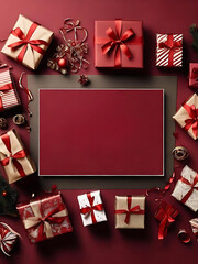 Elegant Red and Gold Holiday Gift Box Arrangement with Festive Wrapping and Ribbons