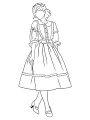 Classic black-and-white artwork depicting a young woman in vintage clothing. A nostalgic, retro-style illustration, ideal for historical, fashion, or artistic themes.