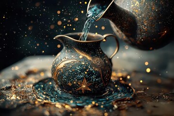 Zodiac Animal Sign Concept, Aquarius water pouring from a celestial vase, creating a river of stars, Aquarius Zodiac, Galactic Flow