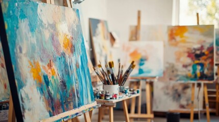 A serene painting studio with canvases and brushes neatly arranged, Artwork in various stages of completion on easels, Artistic studio photography style