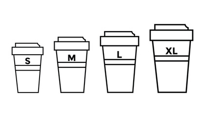 Black and white Starbucks cup sizes S M L XL - Coffee cup sizes small, medium, large and extra vector illustration