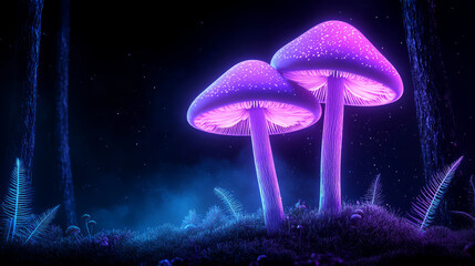 Magical fungi glowing in vibrant purple blue hue in mystical forest setting