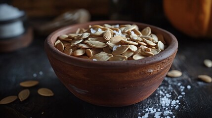 Pumpkin seeds in a clay bowl with a touch of salt, isolated on a dark wooden surface with rustic decor