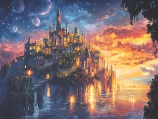 Majestic Fantasy Castle on a Dramatic Sunset Lakeside Landscape with Mystical Atmosphere