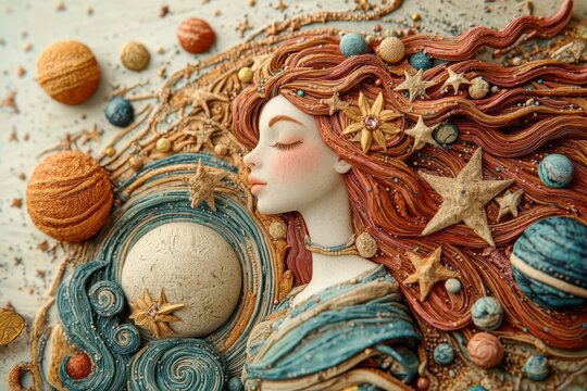 Zodiac Animal Sign Concept, Virgo figure with flowing hair made of stardust, surrounded by planets, Virgo Zodiac, Ethereal Beauty