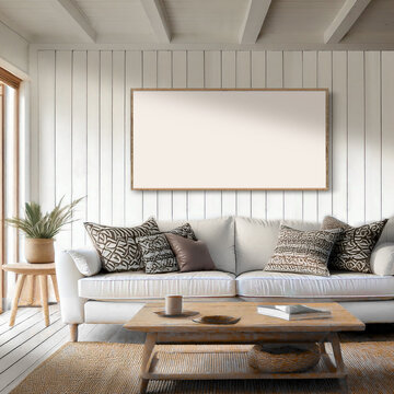 White wood wall beach house wall art mockup landscape painting over gray casual sofa with white wood beams and window side light