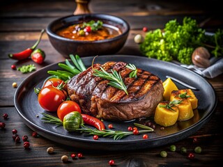 Delicious Grilled Steak Presented Elegantly with Fresh Vegetables and Savory Sauce on a Black Plate in Low Light Photography for a Gourmet Dining Experience