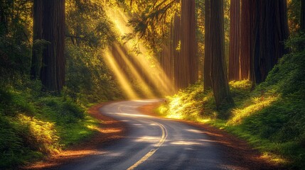 Obraz premium 26.A winding scenic road stretches through the towering, ancient redwoods of the Redwood National Forest. The road, lined with soft dappled sunlight filtering through the massive trees, curves gently