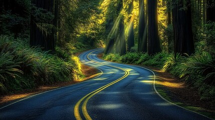 Fototapeta premium 29.A winding road meanders through the ancient Redwood National Forest, surrounded by towering trees that stretch high above. The road is flanked by a carpet of ferns, moss, and fallen leaves, with