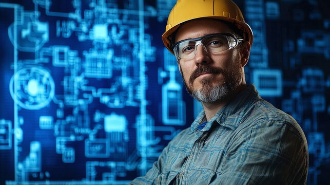 Portrait of an engineer with blueprints and circuit patterns in the background - Powered by Adobe