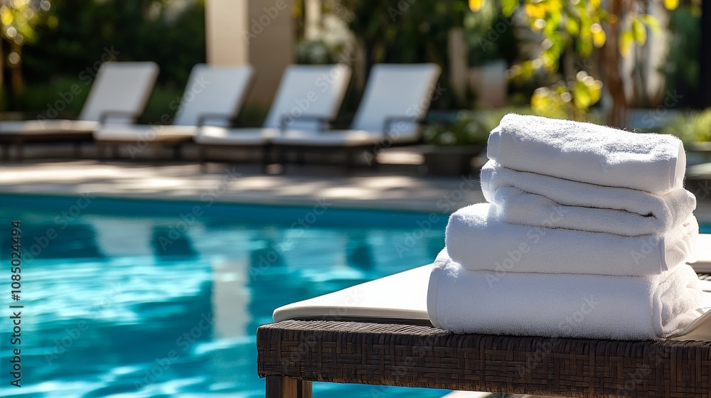 Poster a serene poolside setup with neatly stacked towels and a clean pool with crystal clear water, a sunn