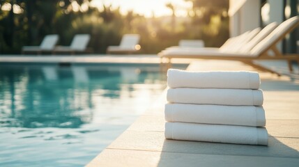 A serene poolside setup with neatly stacked towels and a clean pool with crystal clear water, A sunny outdoor area with comfortable lounge chairs, Minimalist leisure style