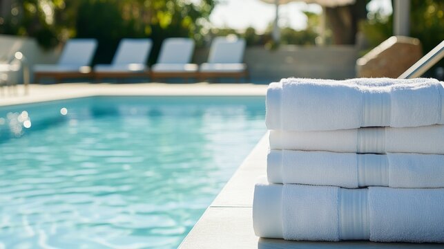 A serene poolside setup with neatly stacked towels and a clean pool with crystal clear water, A sunny outdoor area with comfortable lounge chairs, Minimalist leisure style