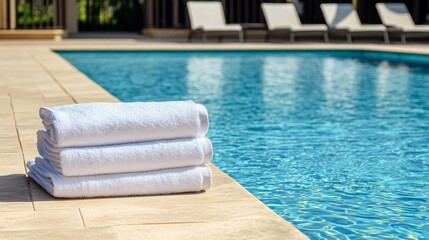 A serene poolside setup with neatly stacked towels and a clean pool with crystal clear water, A sunny outdoor area with comfortable lounge chairs, Minimalist leisure style