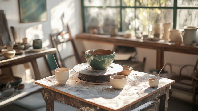 A serene pottery session in a cozy studio, Clay and pottery wheels set for artistic creation, Artisanal craft style