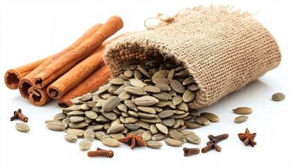 Pumpkin seeds spilling from a rustic burlap sack, isolated with cinnamon sticks and scattered spices