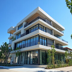 Fototapeta premium 5 story pre-fabricated apartment building with stucco finish without decks
