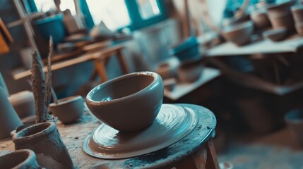 A serene pottery session in a cozy studio, Clay and pottery wheels set for artistic creation, Artisanal craft style