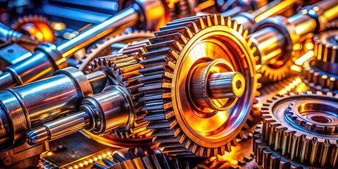 Fototapeta premium Detailed Portrait of Transmission Gears with Oil, Capturing the Intricacies of Mechanical Service Components in a Vibrant Industrial Setting