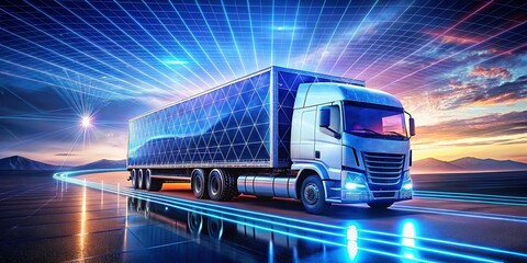 Digital Holographic Truck in a Glowing Grid Landscape Showcasing Futuristic Logistics Technology and Modern Delivery Systems for Advanced Transport Solutions