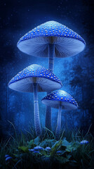Fototapeta premium Giant glowing mushrooms with blue caps illuminate mystical forest at twilight, creating enchanting and surreal atmosphere